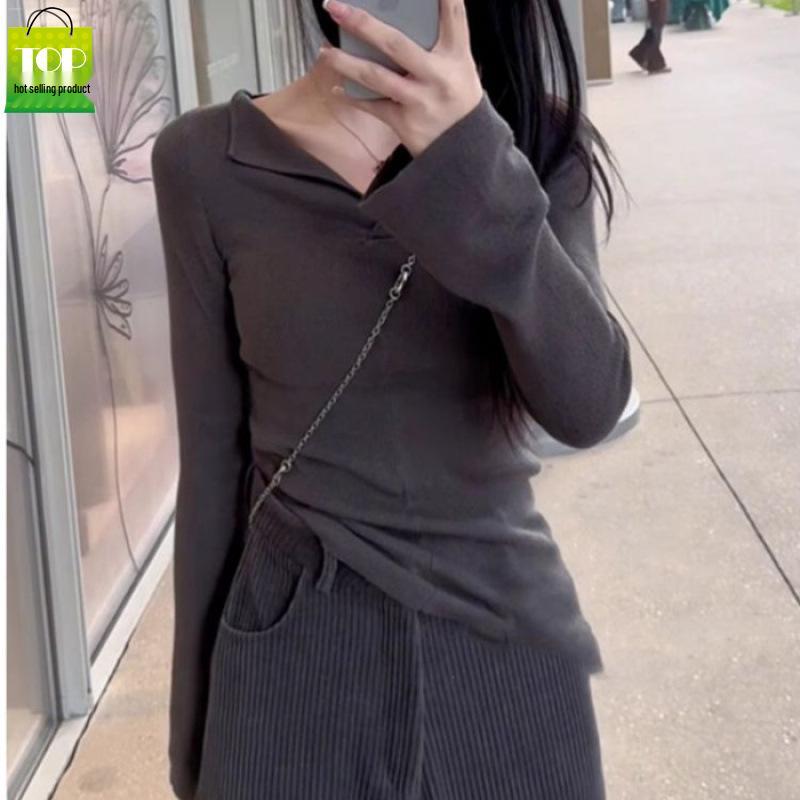 

Women s Solid Color V-Neck Slim-Fit Knit T-Shirt - Soft and Fluffy, Age-Reducing Base Layer for Spring 2026. 3XL серый