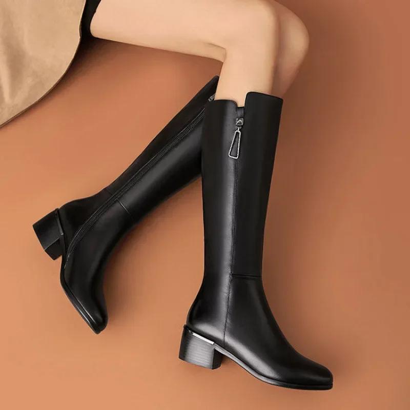Women Boots Zipper Thick High Heels Simple Fashion Thick High Heels Autumn Winter Woman Boots Knee High Botas