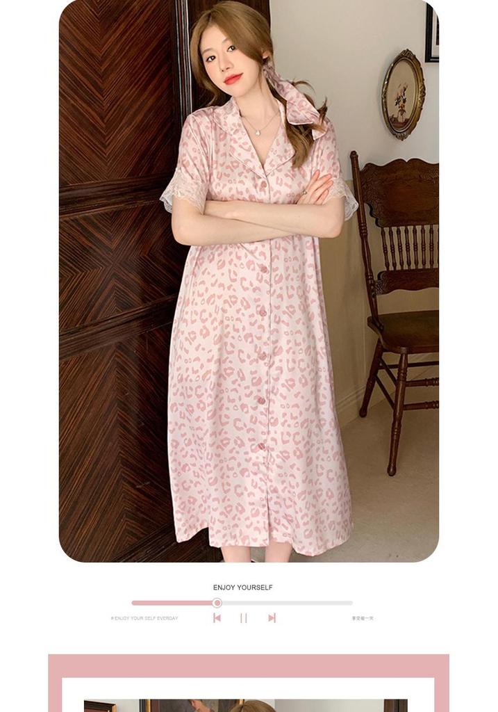 Summer Leopard Print Lace Ice Silk Nightgown - Women's Luxury Short Sleeve Sleepwear