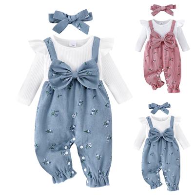 Toddler Girls 3 Piece Outfit Set Ribbed Long Sleeve Ruffle Sleeve Top Floral Print Overalls with Bowknot and Headband Autumn Winter