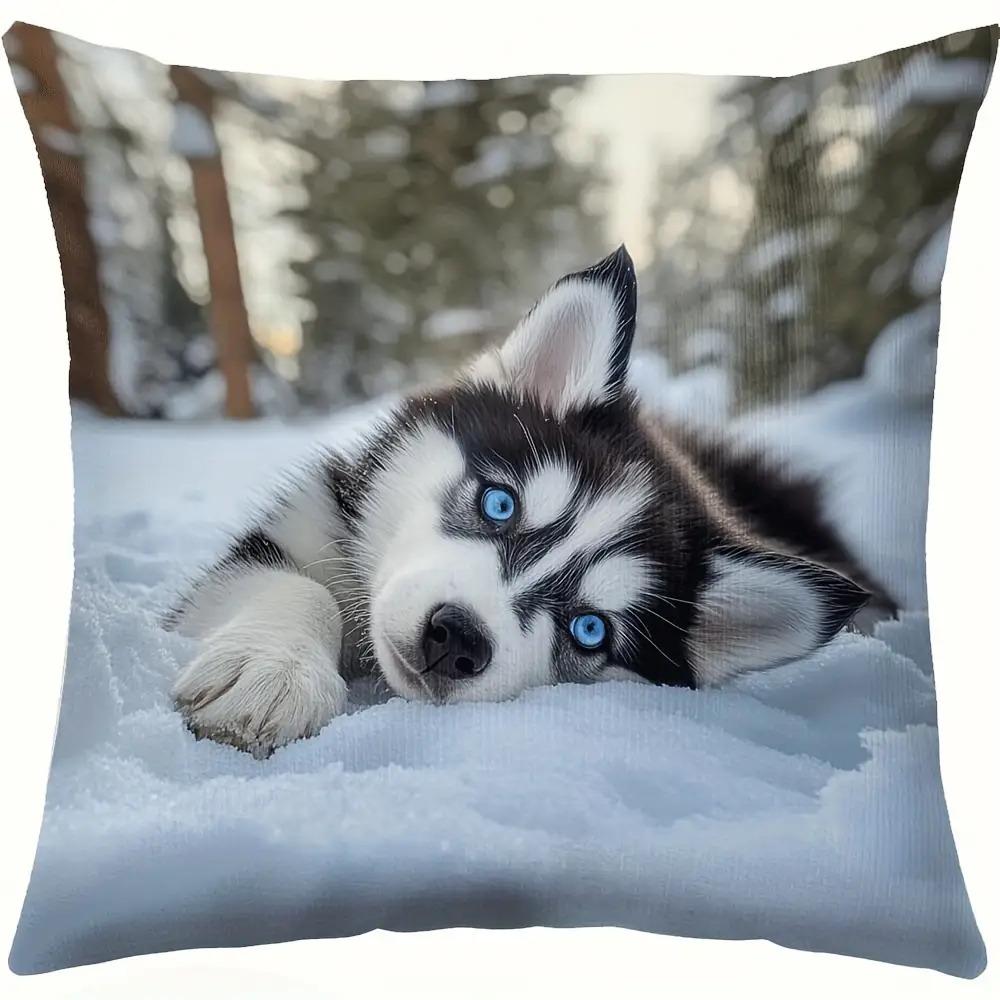 1pc Cute Husky Print Pillowcase, Soft and Smooth Polyester Short Plush Fabric, Single-Sided Printed Pattern, 45cm*45cm, Zippered, Decorative Pillowcas