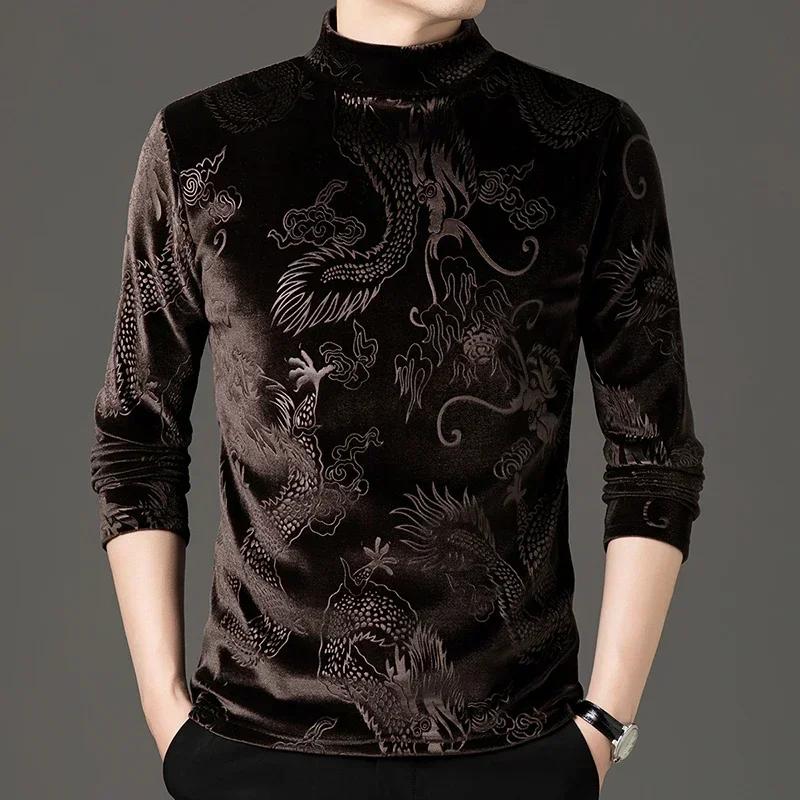 

Мужские высококачественные нижние рубашки с высоким воротом из золотистого бархата, популярная рубашка с рисунком дракона на осень-зиму из золотистого бархата, толстая базовая рубашка XL коричневый