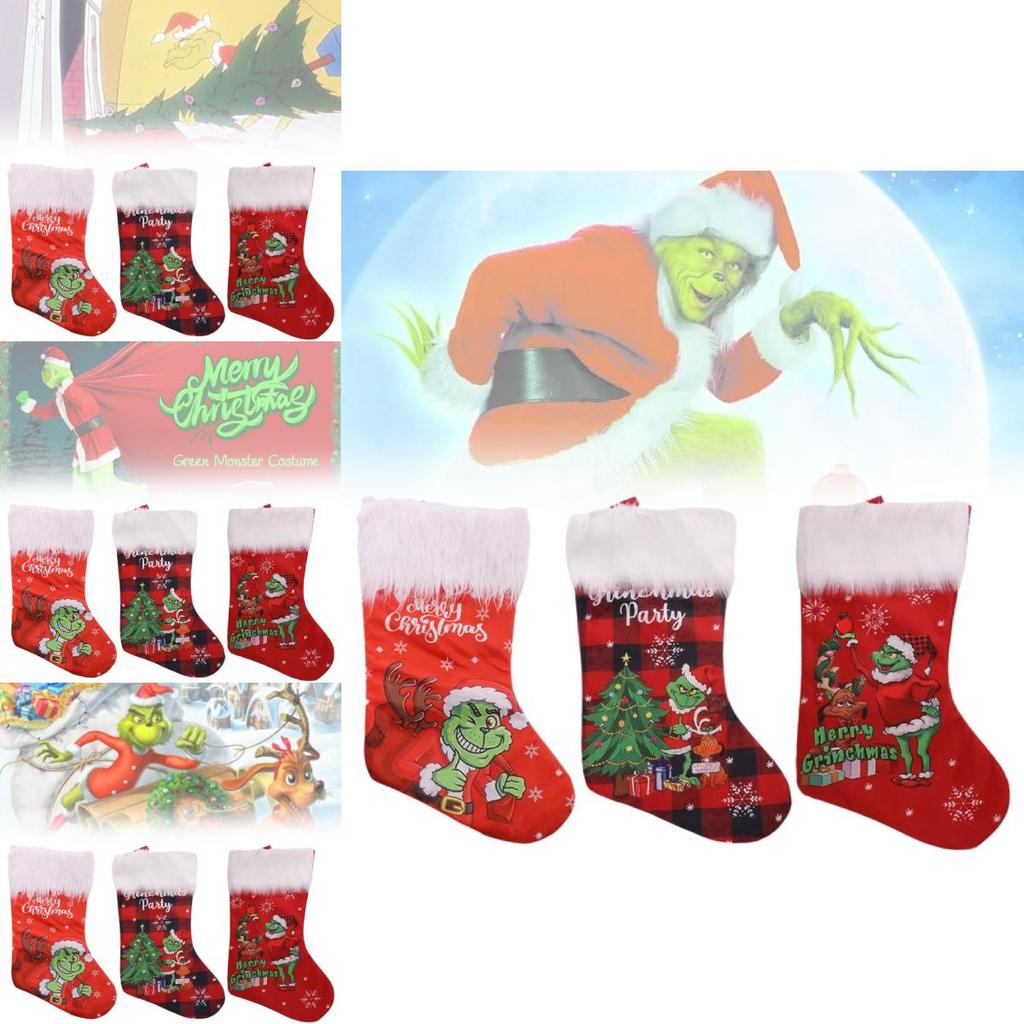 Plush Grinch Christmas Stocking Cozy Gift Bag For Kids Holiday Candy Holder