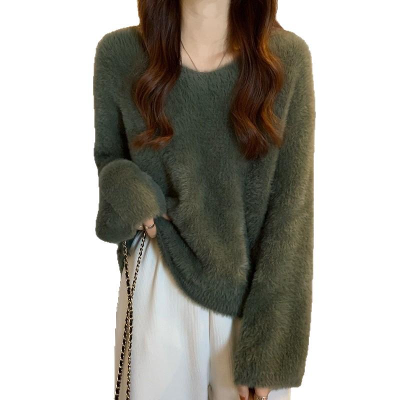 Women's Mid-Length V-Neck Faux Mink Fur Knit Sweater - Autumn/Winter Collection
