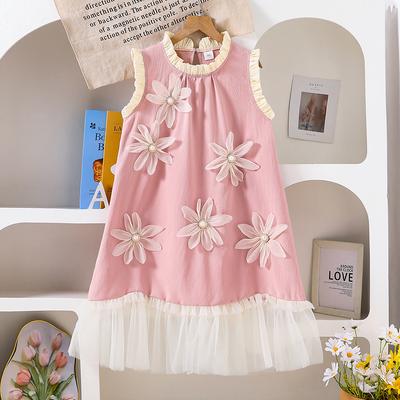 Girls' Elegant Dress 2025 Summer Children's Fashion Flower Sleeveless Mesh Sweet Princess Dress
