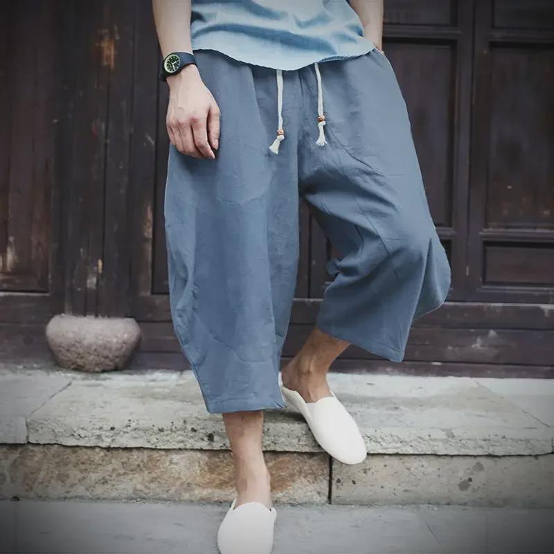 Men's Loose-Fit Cotton-Linen 7-Point Wide-Leg Trendy Chinese Style Summer Shorts