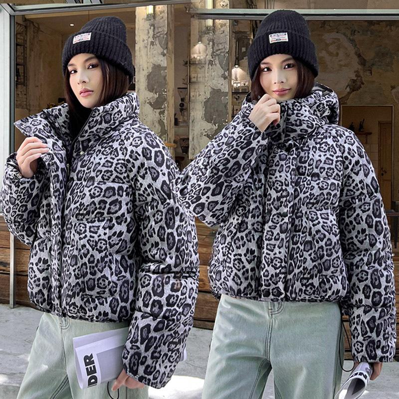 Women's Thickened Short Detachable Hood Leopard Print Jacket