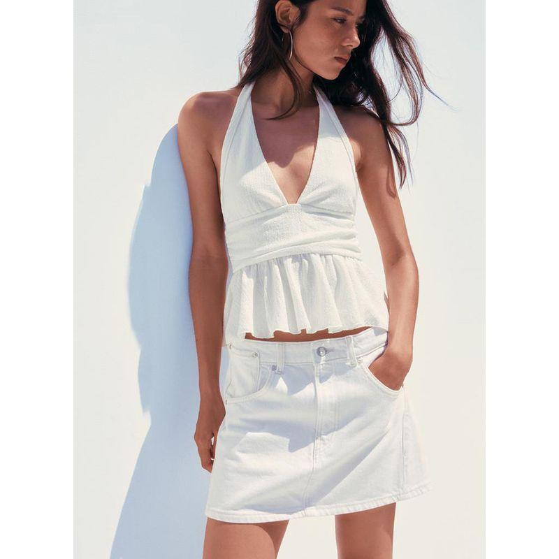 Summer New Product Women's Clothes Vacation Style Laminated Decoration Halterneck Collar Light Mature Wind Casual Tops 0347317