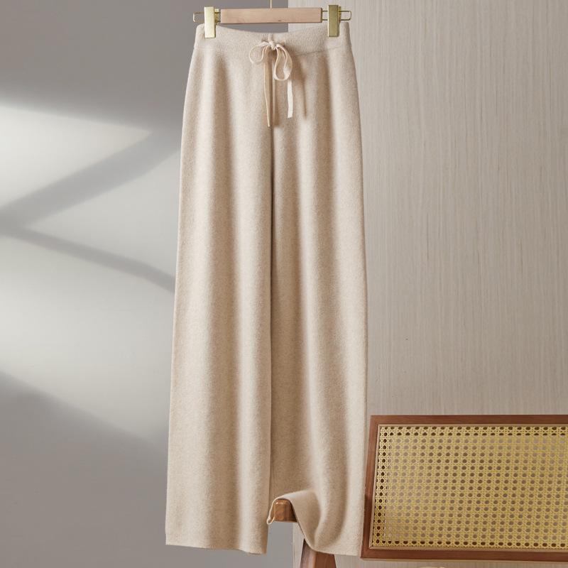 Women's 100% Wool Wide-Leg Knit Pants, Floor-Length, High-Waisted, Slimming, Casual Loose Fit for Autumn and Winter