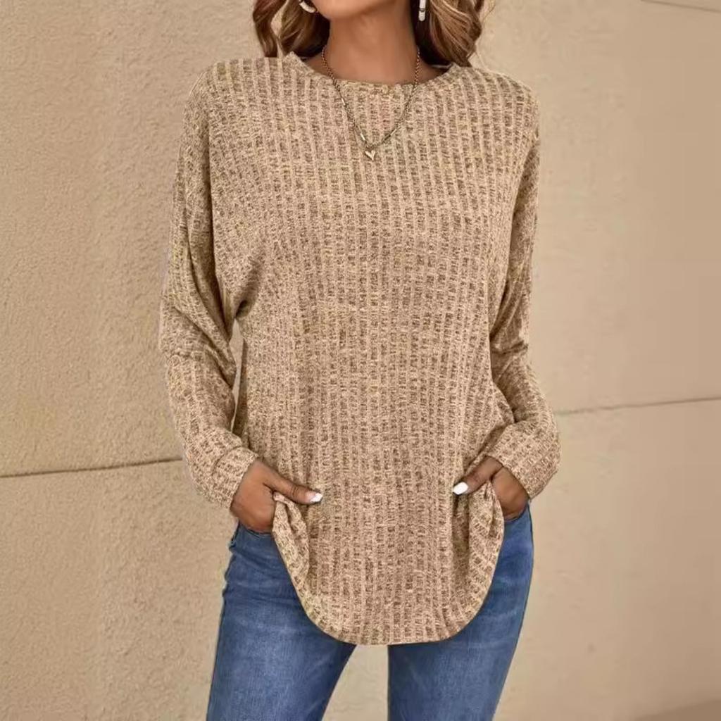 Fall New Ribbed Crew Neck Loose Long Sleeve Knit Top T-shirt for Women European American Style