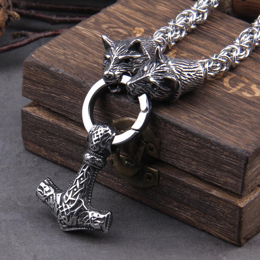 Stainless Steel Wolf Head Thor Hammer Mjolnir Viking Necklace Handmade Chain with Wooden Box Gift for Boyfriend