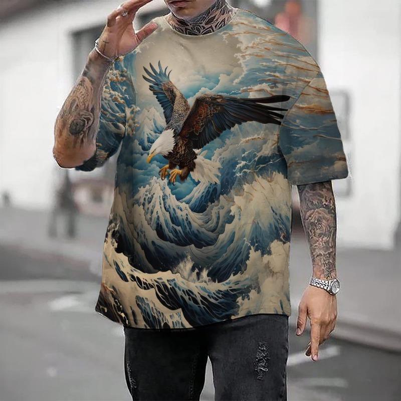 Camiseta casual masculina com blocos de cores, estampa 3D, gola redonda, manga curta, camiseta grande, roupas masculinas, tops, streetwear, verão