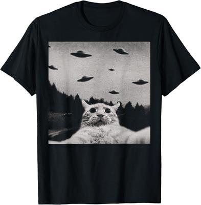 ThreadWeird Alien Cat UFO T-Shirt Classic Fit Round Neck Black Adult T Shirts for Women  Harajuku Luxus Marken Playeras De 82975