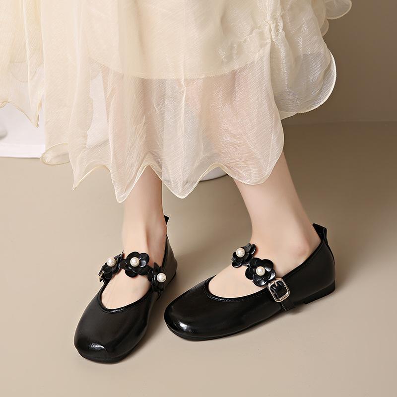 2025 new spring and summer square head silver pearl ballet Mary Jane single shoes women's shoes black small leather shoes evening shoes