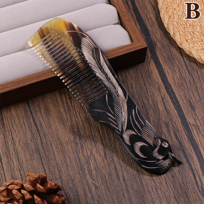 Natural Ox Horn Comb Anti Static Buffalo Combs Mandarin Duck Phoenix Carving Professional Detangling Massage Fine Tooth Comb