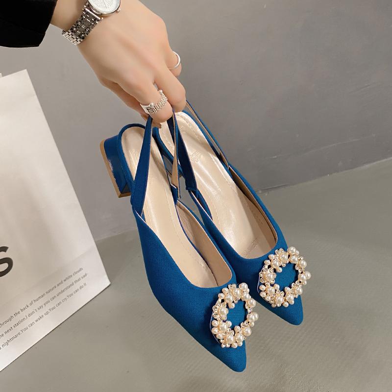 

Fashion Women High Heel Sandals Summer New Fashion Pointed Toe Rhinestone Formal Back Empty Comfortable Ladies Party Luxury Mule Shoes 35