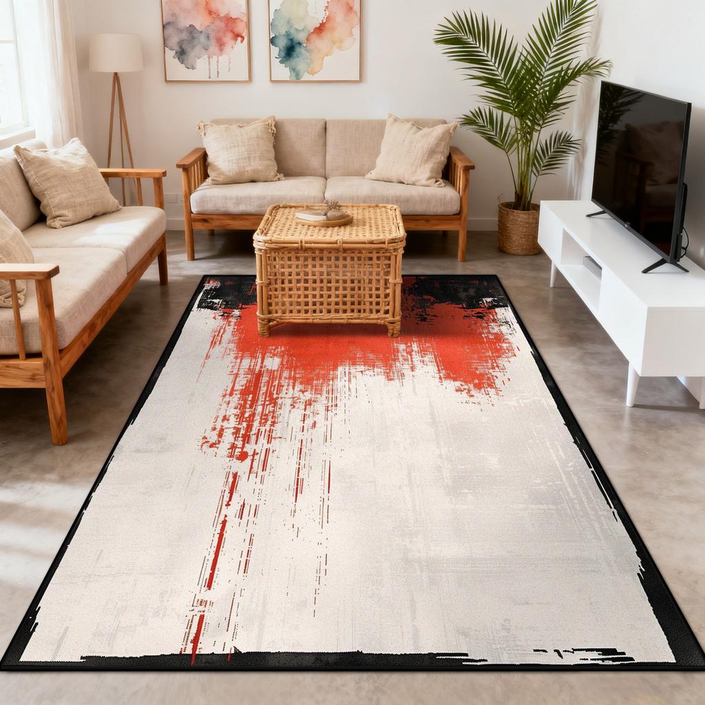 Moderne Abstraktion Roter Plüsch Wohnzimmerteppich Dekoration Schlafzimmer Nachttisch Rutschfester Teppich Große Fläche Einfache Reinigung Weiche Bodenmatten