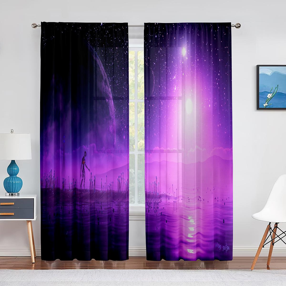 Тюлевые шторы с фиолетовым цветком и полем одинокого дерева — фото 14