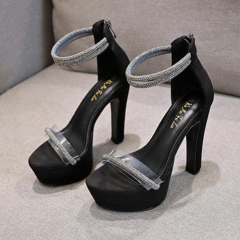 Fashion Versatile New Thick Heel Waterproof Table Sandals Sexy Nightclub Rhinestone 13cm Super High Heel Sandals Women