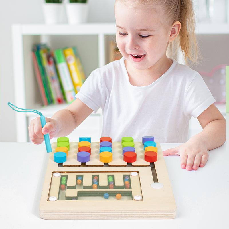 Children Montessori Learning Toys Magnetic Slide Puzzle Color Matching Logic Game Busy Board Educational Wooden Toys for Kids