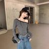Schräger Ausschnitt, Off-Shoulder Gestreiftes Langarm-T-Shirt für Damen Im Frühherbst, Neues Slim-Fit und Kurzes Oberteil