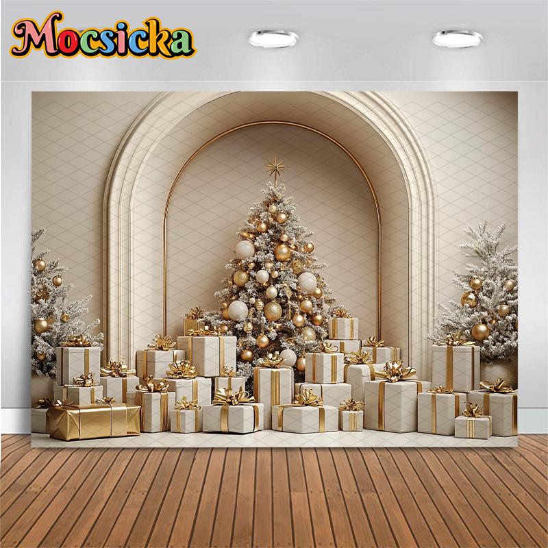Mocsicka Weihnachtsbaum Kulisse für Fotografie Beige Wand Tür Geschenk Baby Aufnahme Requisiten Dekoration Hintergrund Studio Photocall
