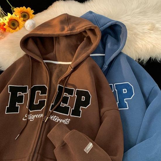 Herren Herbst Winter Kapuzenmantel Kordelzug Locker Kapuzen-Reißverschluss-Cardigan Buchstabenstickerei Oberbekleidung