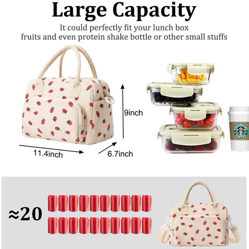 Corduroy Strawberry Print Insulated Lunch Bag for Office and Picnic