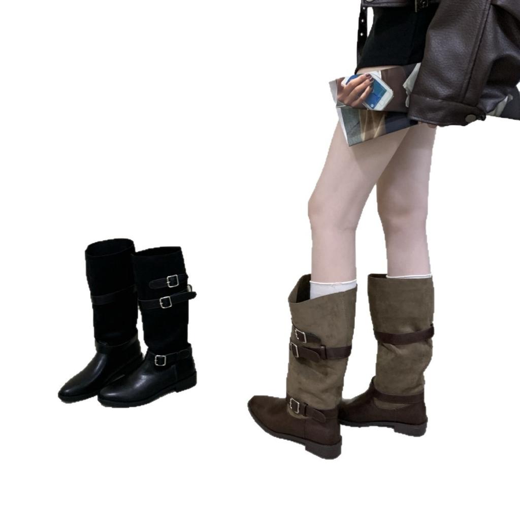 Vintage Round Head Boots Autumn and Winter European and American Cross Belt Buckle Splicing Martin Boots Long Boots Black Brown