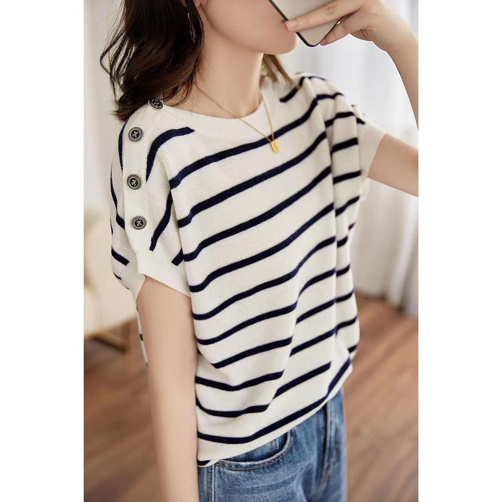 Timeless French Chic Striped Loose Drop-Shoulder Knitted Pullover for Women - Summer 2023