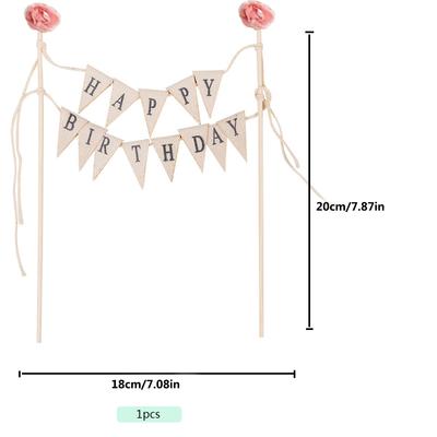 Happy Birthday Cake Bunting Topper Cake Topper Garland, Handmade Pennant Flags with Wood Pole Ivory (With Pink Rose)
