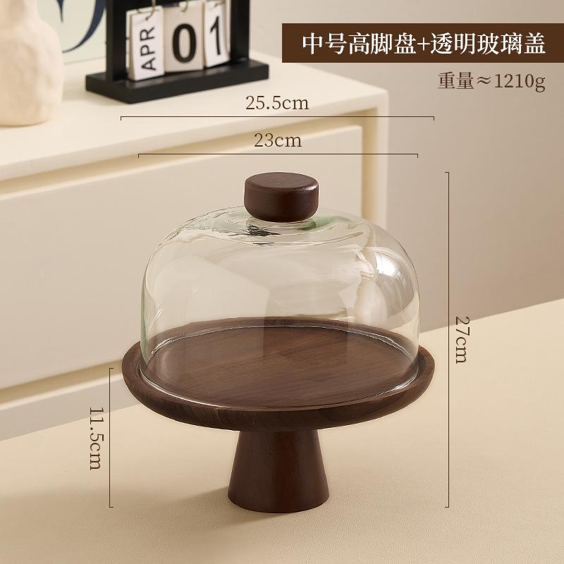 Retro Acacia Wood Tall Cake Tray with Glass Cover Wedding Dessert Table Display Rack Exquisite Afternoon Tea Dessert Tray
