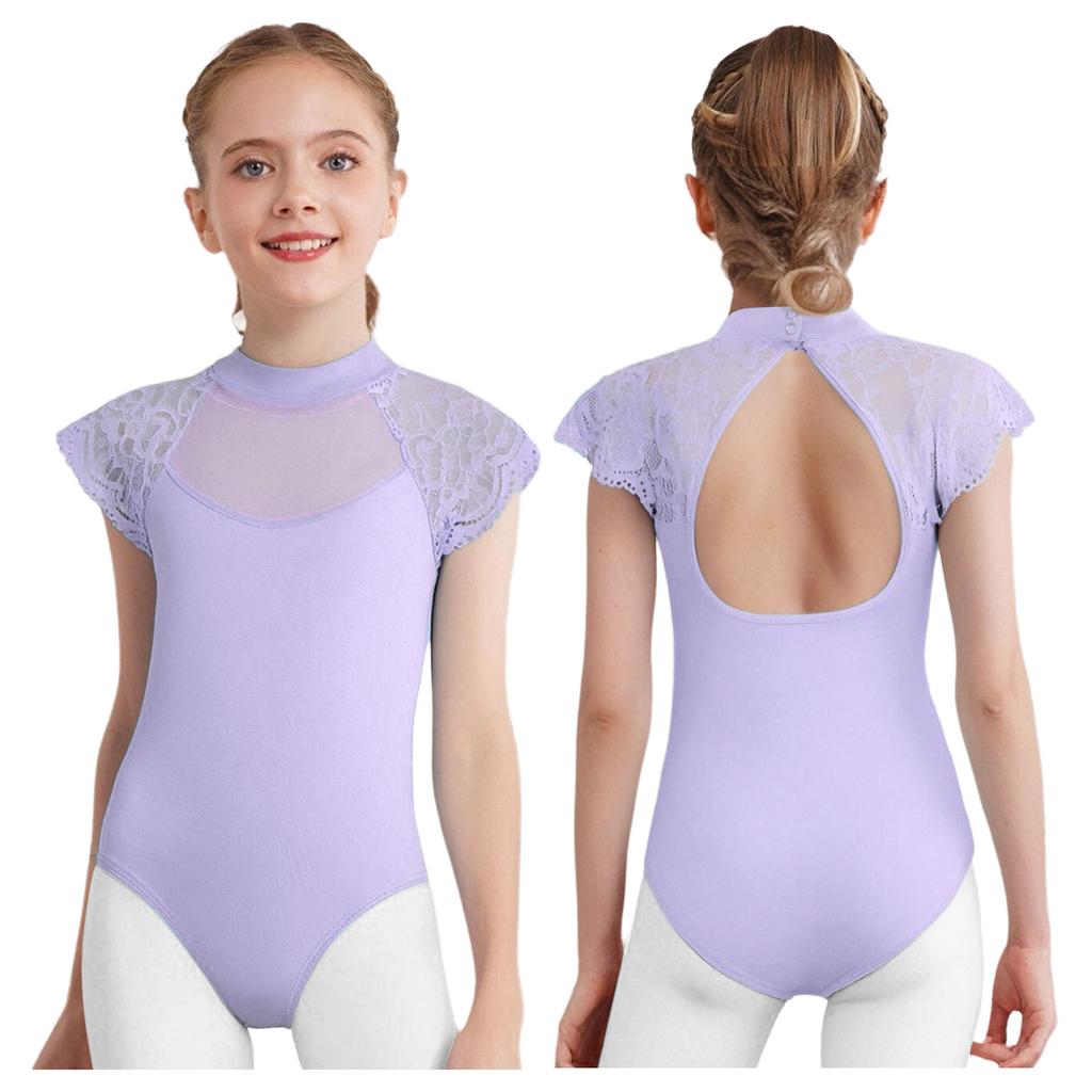 Girls Lace Cap Sleeves Dance Leotard Sheer Mesh Patchwork Cutout Bodysuit for Ballet Practice Exam
