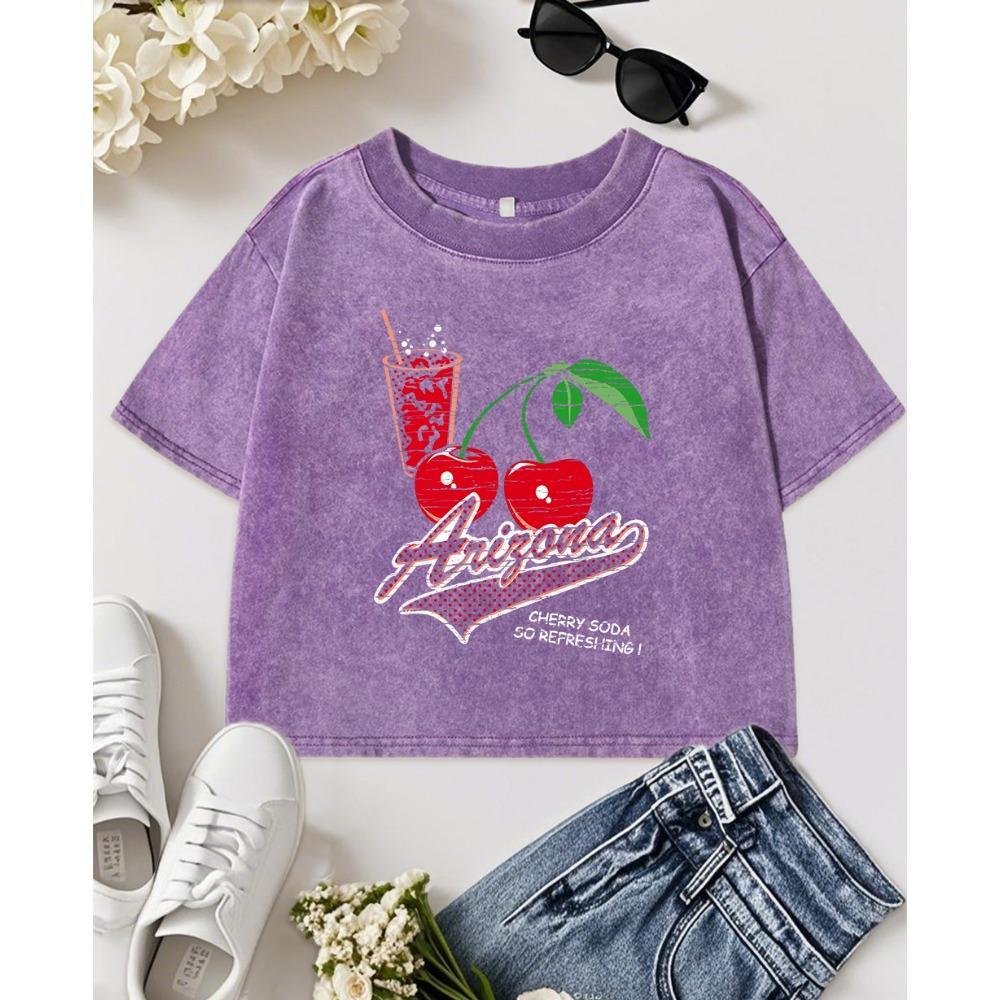 Cherry Iced Drinks Print Women Washed T-Shirts Y2K Cotton Crewneck Tops Fashion Slim T Shirt  Female Sportswear