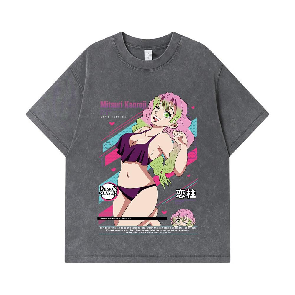 275 GSM Washed T-shirts 100% Cotton Demon Slayer V52 Mitsuri Waifu Print Unisex Heavy Cotton T Shirt