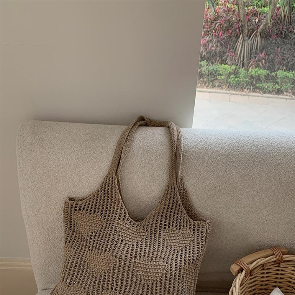 Love Heart Knitted Shoulder Bag Hollow Out Reusable Grocery Bag Portable Woven Shopping Bag  Girl
