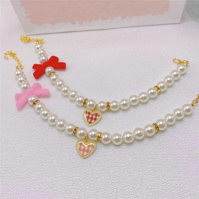 Pet Bow Pearl Collar Cat Jewelry Heart Pendant Necklace Dog Sweet Decorations Puppy Rhinestone Collar Chihuahua Accesorios