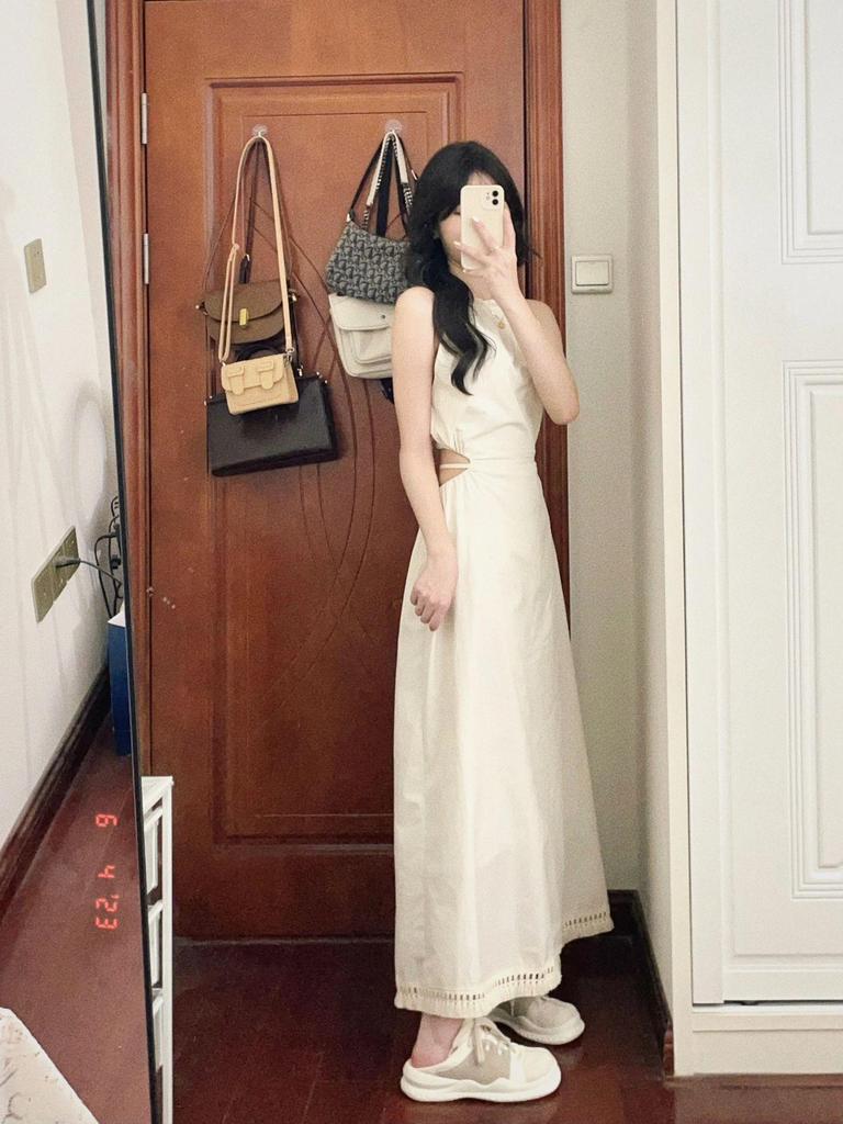 Elegant French Niche Backless Halter Strap Hollow Sleeveless Tie Long Dress