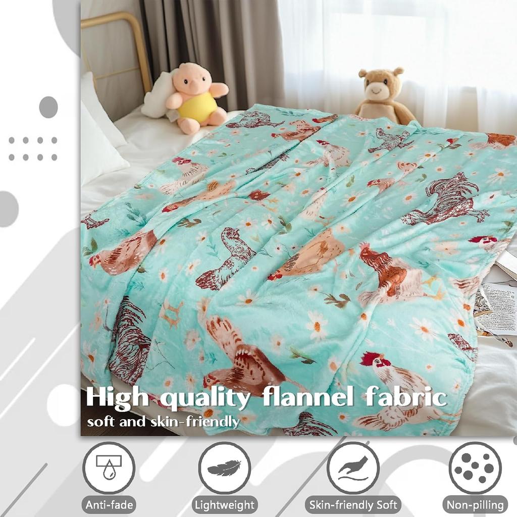 Soft Flannel Throw Blanket Rooster Hen Daisy Floral Print Lightweight Cozy Warm Sofa Bed Farm Home Decor