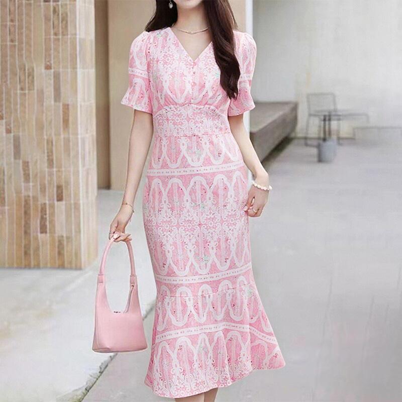 ZANZEA Damen Lässig V-Ausschnitt Kurzarm Print Elegantes Kleid