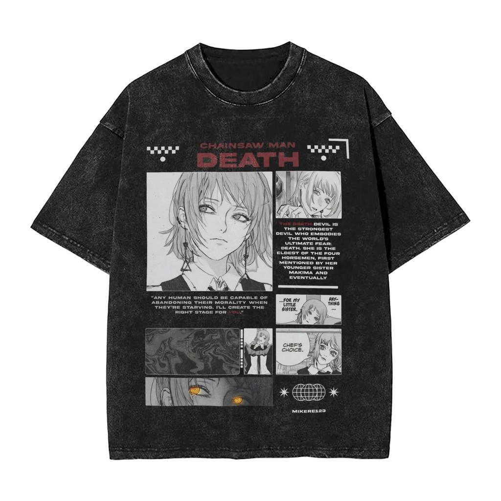 2026 Summer Chainsaw Man Yoru War Devil Washed Anime T-shirt Harajuku Streetwear Oversized Short Sleeve Daily Wear Cool Top