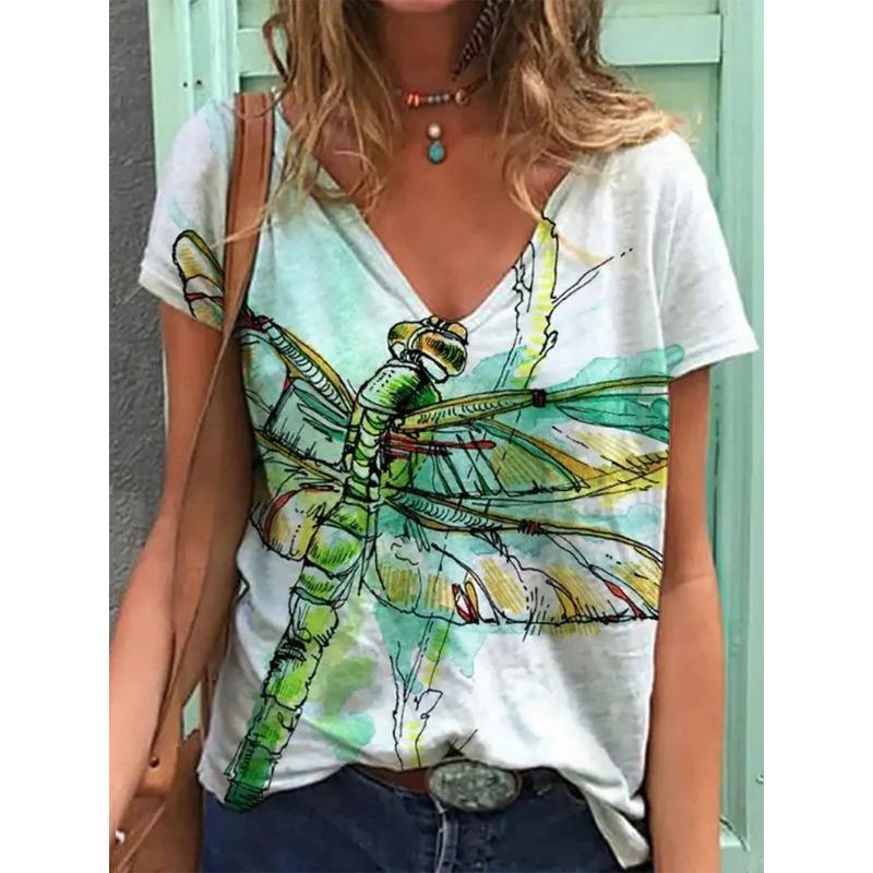 Dámská trička s výstřihem do V a krátkým rukávem se sexy 3D zvířecím potiskem motýla a vážky