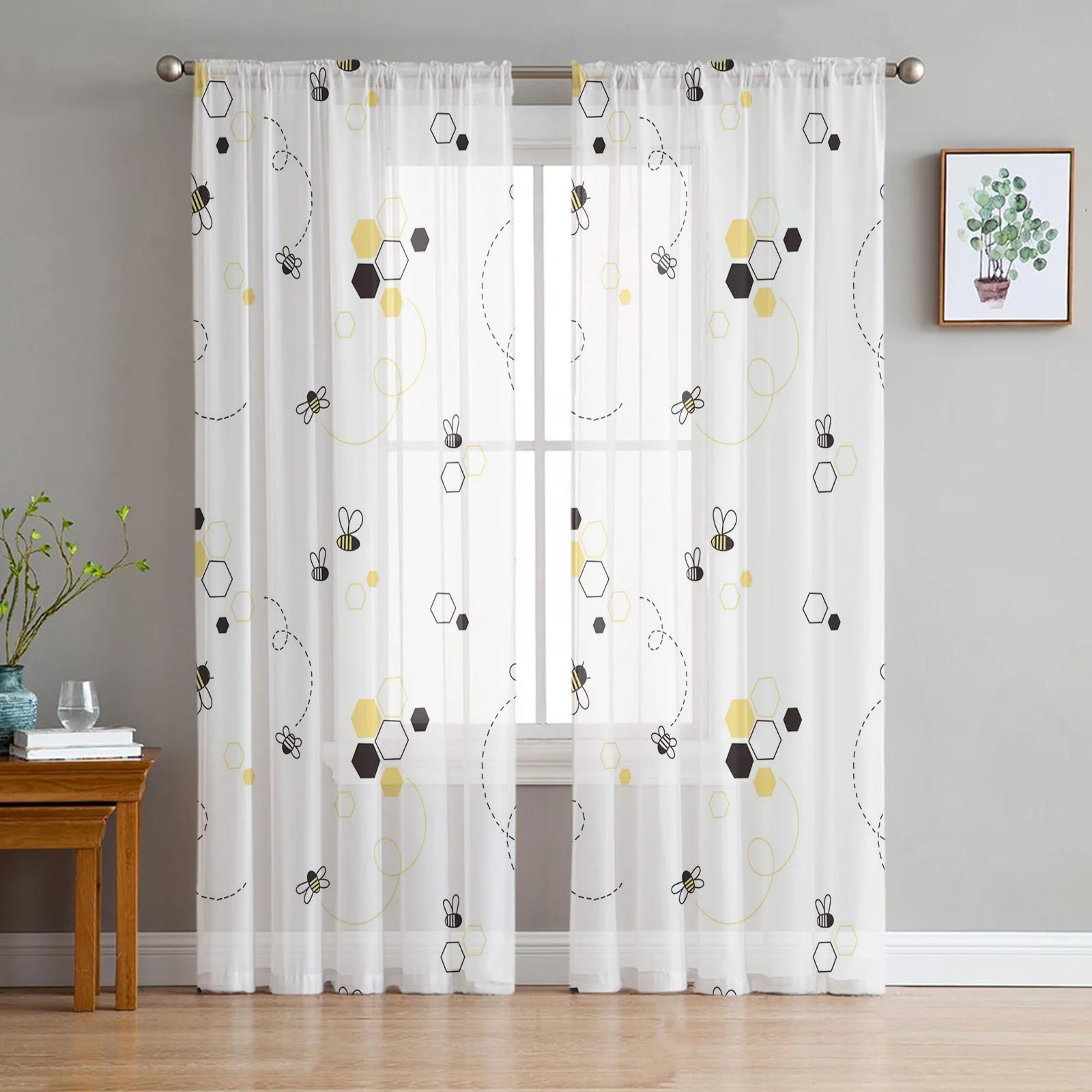 

Cartoon Bee Cute Square Pattern Tulle Sheer Drapes Ideal for Living Room Decoration Window Curtain for Bedroom Sheer Fabric Silk-like Fabric Drapes W135 x H115cm x1&Rod Pocket
