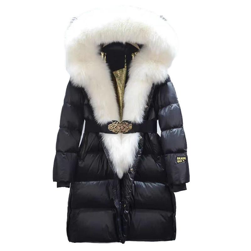 Giacca Invernale con Cappuccio e Collo in Pelliccia di Volpe e Procione da Donna Spessa Calda Piumino d'Anatra Lunga Streetwear Capispalla Staccabile