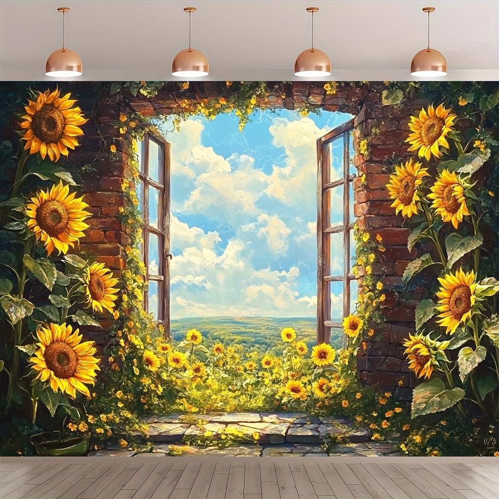 2D Plane Realistic Sunflower Window Backdrop Fabric Yellow Sunflowers and Green Leaves Polyester Fiber