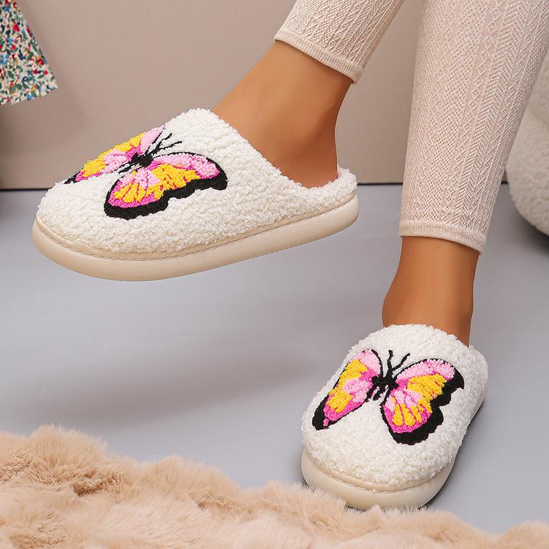 Pink Butterfly Winter Slippers Women Fashion Print Thicken Plush House Slippers Woman Indoor Non-Slip Keep Warm Cotton Slides