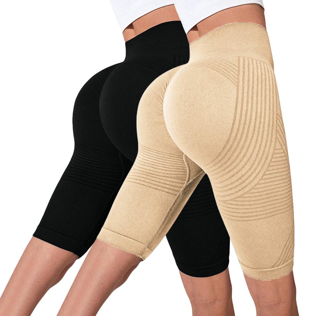 High Waist Seamless Yoga Shorts for Women with Ribbed Design Stretchy Compression Fit Capris Length