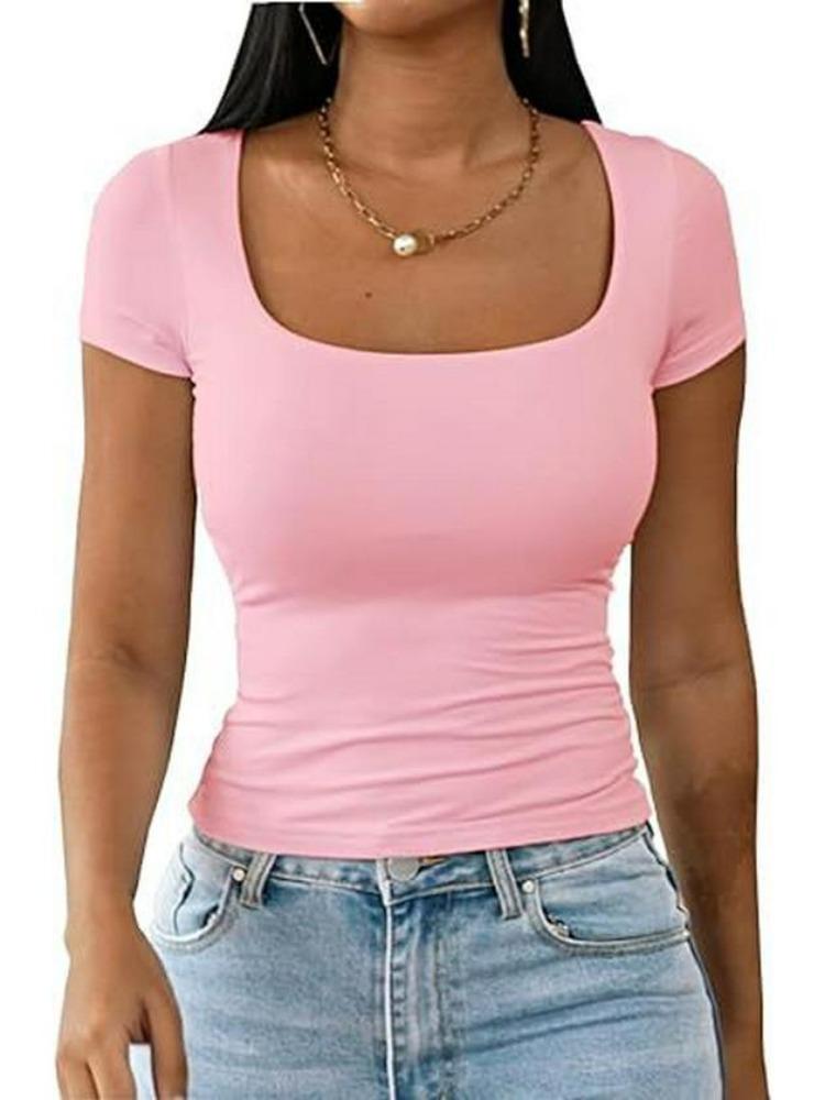 Sommermode 2026: Damen-Pullover-Top mit schmaler Silhouette, kurzen Ärmeln und U-Ausschnitt, lässig und bequem