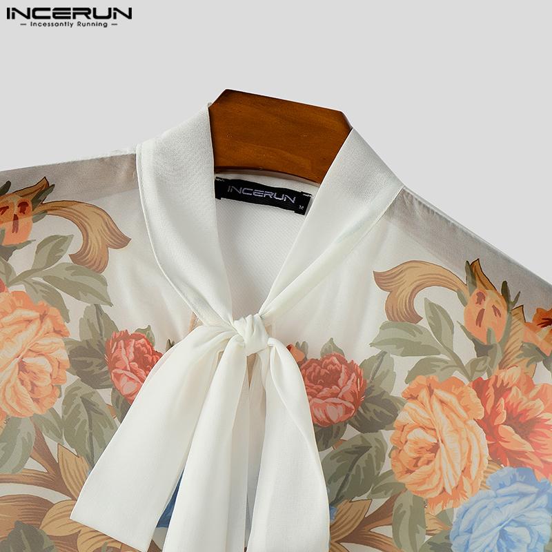 INCERUN Elegant Men Bow Tie Long Sleeve Printing Casual Loose Shirts Tops