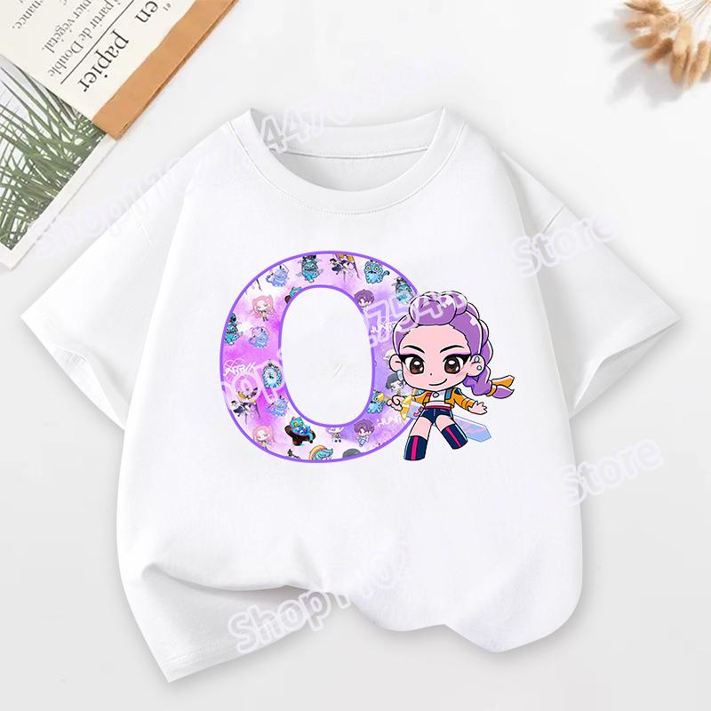 KPop Demon Hunters Child Short Sleeve T-shirt Cartoon Rumi Mira Zoey A-Z Print Cotton Tops Kawaii Summer Casual Tees Kids Gifts